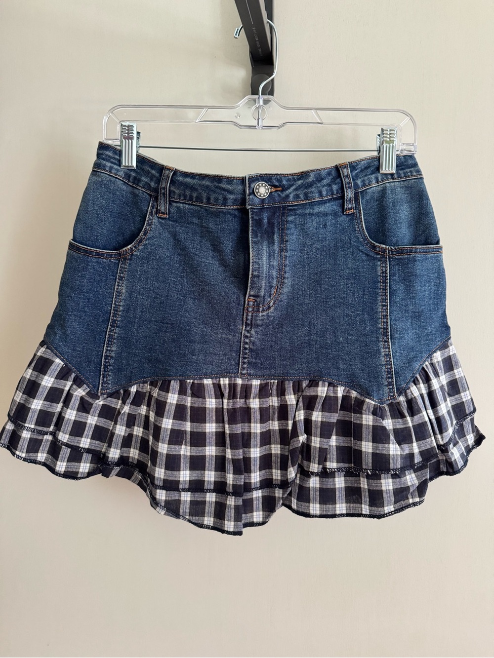 Delia’s Denim Plaid Ruffle Mini Skirt - Dark Blue